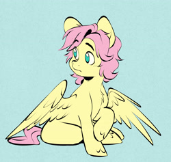 Size: 3973x3759 | Tagged: safe, artist:chub-wub, fluttershy, pegasus, pony, g4, alternate hairstyle, chest fluff, cute, looking away, no pupils, nonbinary, partially open wings, raised hoof, short hair, shyabetes, sitting, solo, textured background, turned head, wings