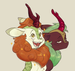 Size: 2816x2667 | Tagged: safe, artist:chub-wub, autumn blaze, cinder glow, summer flare, kirin, g4, awwtumn blaze, blushing, cute, duo, duo female, fangs, female, horn, mare, open mouth, open smile, smiling, sparkles, teeth