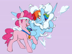 Size: 4200x3167 | Tagged: safe, artist:chub-wub, pinkie pie, rainbow dash, earth pony, pegasus, pony, g4, alternate hairstyle, cloud, duo, duo female, eyebrows, eyebrows visible through hair, female, flying, grin, headband, heart, lesbian, looking at each other, looking at someone, mare, medal, missing cutie mark, one eye closed, open mouth, open smile, personality swap, purple background, raised hoof, role reversal, ship:pinkiedash, shipping, simple background, smiling, spread wings, wings, wink