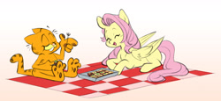 Size: 5373x2479 | Tagged: safe, artist:chub-wub, fluttershy, cat, pegasus, pony, g4, crossover, cute, duo, eating, eyes closed, female, folded wings, food, fork, garfield, garfield (character), grin, lasagna, lying down, male, mare, missing cutie mark, open mouth, open smile, pasta, picnic, picnic blanket, prone, shyabetes, simple background, smiling, white background, wings