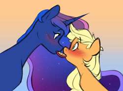 Size: 2647x1974 | Tagged: safe, artist:chub-wub, applejack, princess luna, alicorn, earth pony, pony, g4, apple, apple slice, blushing, boop, cute, duo, duo female, ethereal mane, eye contact, eyeshadow, female, food, freckles, herbivore, horn, jackabetes, lesbian, looking at each other, looking at someone, lunabetes, makeup, mare, noseboop, sharing food, ship:lunajack, shipping