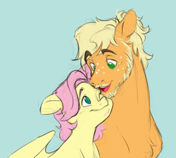 Size: 2953x2647 | Tagged: safe, artist:chub-wub, applejack, fluttershy, earth pony, pegasus, pony, g4, alternate hairstyle, beard, blue background, cute, duo, duo male, facial hair, freckles, gay, jackabetes, looking at each other, looking at someone, male, moustache, nuzzling, one eye closed, open mouth, ship:appleshy, shipping, shyabetes, simple background, size difference, t4t, trans fluttershy, trans male, transgender, wink