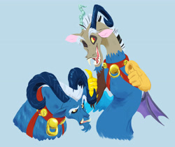 Size: 4750x3981 | Tagged: safe, artist:chub-wub, gameloft, discord, grogar, draconequus, sheep, g4, my little pony: friendship is magic, the ending of the end, bell, clothes, cosplay, costume, duo, duo male, facial hair, fursuit, gameloft interpretation, goatee, grogar's bell, horns, male, one eye closed, open mouth, partially undressed, ram, real grogar, thumbs up, wink