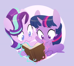 Size: 3249x2893 | Tagged: safe, artist:chub-wub, starlight glimmer, twilight sparkle, pony, unicorn, g4, blushing, book, chibi, cute, duo, duo female, female, glimmerbetes, glowing, glowing horn, horn, lesbian, levitation, magic, mare, open mouth, reading, ship:twistarlight, shipping, telekinesis, twiabetes, unicorn twilight