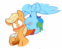 Size: 2968x2332 | Tagged: safe, artist:chub-wub, applejack, rainbow dash, earth pony, pegasus, pony, g4, blushing, cheek kiss, cider, cute, dashabetes, duo, duo female, eyes closed, female, flying, freckles, glass, jackabetes, kissing, lesbian, mare, pinpoint eyes, ship:appledash, shipping, simple background, spread wings, surprise kiss, upside down, white background, wings