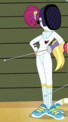 Size: 408x726 | Tagged: safe, screencap, human, a queen of clubs, equestria girls, g4, my little pony equestria girls: better together, background human, clothes, coulé, cropped, female, fencing, mask, outfit catalog, shoes, sneakers, solo focus, sword, weapon