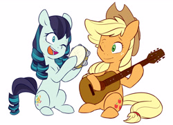 Size: 5022x3631 | Tagged: safe, artist:chub-wub, applejack, coloratura, earth pony, pony, g4, acoustic guitar, applejack's hat, blushing, cowboy hat, cute, duo, duo female, female, freckles, guitar, hat, jackabetes, lesbian, looking at each other, looking at someone, mare, music, musical instrument, one eye closed, open mouth, open smile, rarabetes, ship:rarajack, shipping, simple background, sitting, smiling, smiling at each other, tambourine, white background, wink