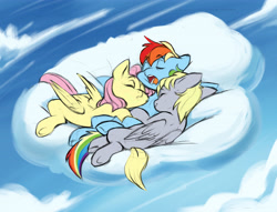 Size: 5208x3973 | Tagged: safe, artist:chub-wub, derpy hooves, fluttershy, rainbow dash, pegasus, pony, g4, cloud, cuddling, cute, dashabetes, derpabetes, derpyshy, eyes closed, female, folded wings, lesbian, lying down, lying on a cloud, mare, meme, missing cutie mark, on a cloud, on back, on side, open mouth, outdoors, polyamory, rainbow dash gets all the mares, ship:derpydash, ship:flutterdash, ship:flutterderpydash, shipping, shyabetes, sky, sleeping, sleeping on a cloud, snoring, trio, trio female, waifu thief, wings