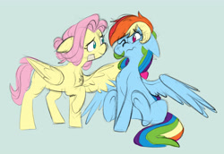 Size: 4821x3320 | Tagged: safe, artist:chub-wub, fluttershy, rainbow dash, pegasus, pony, g4, alternate hairstyle, bandaid, blue background, cute, dashabetes, duo, duo female, female, floppy ears, hug, lesbian, looking at each other, looking at someone, mare, one eye closed, one wing out, personality swap, rainbow-flutter, raised hoof, role reversal, ship:flutterdash, shipping, shy, shyabetes, simple background, sitting, smiling, spread wings, tomboy, winghug, wings, wink