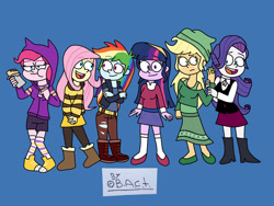 Size: 2048x1536 | Tagged: safe, artist:garybaldor, applejack, fluttershy, pinkie pie, rainbow dash, rarity, twilight sparkle, human, equestria girls, g4, barbara gordon, batgirl, blue background, bumblebee (dc comics), burrito, clothes, cosplay, costume, crossover, dc comics, dc superhero girls, diana prince, eating, female, food, green lantern, jessica cruz, kara danvers, kara zor-el, karen beecher, mane six, signature, simple background, supergirl, wonder woman, zatanna, zee zatara