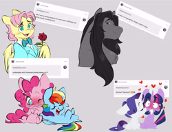 Size: 7800x6000 | Tagged: safe, artist:chub-wub, fluttershy, pinkie pie, rainbow dash, rarity, twilight sparkle, earth pony, pegasus, pony, unicorn, g4, alternate hairstyle, ask, bangs, big ears, blue coat, blue eyes, blush lines, blushing, blushing profusely, bowtie, butterscotch, chad, chibi, clothes, crossed legs, curly mane, curly tail, eyebrows, eyebrows visible through hair, eyelashes, eyes closed, female, floating heart, floppy ears, flower, flustered, flutterguy, folded wings, gray background, hatching (technique), heart, hooves behind head, horn, lesbian, long mane, looking at someone, mare, masculine, missing cutie mark, motion lines, multicolored hair, multicolored mane, multicolored tail, necktie, no pupils, open mouth, open smile, pink coat, pink mane, pink tail, purple mane, purple tail, rainbow hair, rainbow tail, raised hoof, requested art, ringlets, rose, rule 63, shiny mane, ship:pinkiedash, ship:rarilight, shipping, short hair fluttershy, short mane twilight sparkle, shrunken pupils, simple background, smiling, straight mane, straight tail, suit, tail, tailboner, three toned mane, three toned tail, tuxedo, unicorn horn, unicorn twilight, white coat, wing fluff, wing hold, wings, yellow coat