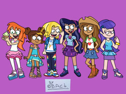 Size: 2048x1536 | Tagged: safe, artist:garybaldor, human, equestria girls, g4, applejack's hat, barbara gordon, batgirl, bumblebee (dc comics), clothes, costume, cowboy hat, crossover, cupcake, dc comics, dc superhero girls, diana prince, equestria girls outfit, female, food, green lantern, group, hat, jessica cruz, kara danvers, kara zor-el, karen beecher, pink background, signature, simple background, supergirl, wonder woman, zatanna, zee zatara