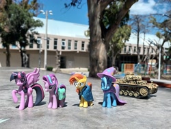 Size: 4000x3000 | Tagged: safe, artist:dingopatagonico, starlight glimmer, sunburst, trixie, twilight sparkle, alicorn, unicorn, g4, cape, cloak, clothes, hat, horn, panzer, panzer iii, photo, sunburst's cloak, tank (vehicle), trixie's cape, trixie's hat, twilight sparkle (alicorn)