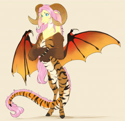 Size: 4450x4314 | Tagged: safe, artist:chub-wub, part of a set, fluttershy, draconequus, g4, absurd resolution, arm fluff, brown hooves, chest fluff, claws, coat markings, colored claws, colored hooves, colored horns, colored legs, colored paw pads, colored pinnae, colored wings, draconequified, facial markings, floppy ears, flutterequus, gradient horns, gray background, hooves, horns, leg stripes, legs, leonine tail, long ears, long hair, mismatched legs, multicolored fur, multicolored tail, multicolored wings, pink hair, ram horns, shadow, shiny hair, shiny tail, shoulder fluff, simple background, slender, snip (coat marking), solo, species swap, standing, striped, stripes, tail, thin, tongue out, wing claws, wings