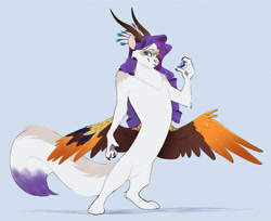 Size: 5104x4160 | Tagged: safe, artist:chub-wub, part of a set, rarity, draconequus, g4, absurd resolution, blue background, cat tail, colored claws, colored ears, colored horns, colored paw pads, colored pinnae, colored tailtip, colored wings, draconequified, facial markings, feline, holding, leg fluff, long hair, long horns, multicolored wings, paws, purple hair, raised arm, ringlets, shadow, shiny hair, shoulder fluff, simple background, smiling, solo, species swap, spread wings, tail, white fur, wings