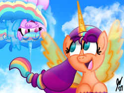 Size: 2160x1620 | Tagged: safe, artist:jesslmc16, izzy moonbow, sunny starscout, alicorn, pony, g5, alicornified, artificial horn, artificial wings, augmented, cloud, duo, duo female, female, flying, gradient background, horn, izzy rainbow, lesbian, looking at each other, looking at someone, mane stripe sunny, mare, open mouth, race swap, ship:moonscout, shipping, sky, smiling, sunnycorn, upside down, wings