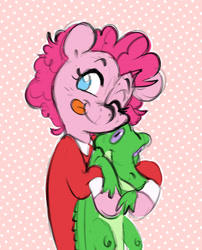 Size: 1574x1952 | Tagged: safe, artist:chub-wub, gummy, pinkie pie, alligator, earth pony, pony, g4, :p, abstract background, alternate hairstyle, annie, clothes, cosplay, costume, crossover, cute, diapinkes, female, little orphan annie, mare, one eye closed, shirt, short hair, solo, tongue out, wink