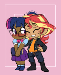 Size: 2496x3039 | Tagged: safe, artist:chub-wub, sci-twi, sunset shimmer, twilight sparkle, human, g4, belt, blushing, book, boots, chibi, clothes, cute, dark skin, denim, duo, duo female, eyebrows, eyebrows visible through hair, eyes closed, female, glasses, grin, humanized, jacket, jeans, leather, leather jacket, lesbian, pants, ship:sci-twishimmer, ship:sunsetsparkle, shipping, shirt, shoes, skirt, smiling, socks, t-shirt