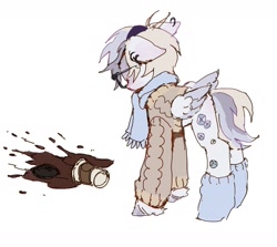 Size: 1440x1286 | Tagged: safe, artist:p0nyplanet, derpy hooves, rarity, pegasus, pony, g4, clothes, coffee, drink, fusion, glasses, kinsona, scarf, solo, spilled drink, sweater