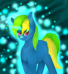 Size: 2089x2263 | Tagged: oc name needed, safe, artist:dorry, oc, oc only, pony, unicorn, aura, blue coat, commission, glowing, glowing horn, horn, looking at you, male, male oc, old art, signature, stallion, stallion oc, two toned mane, unicorn oc