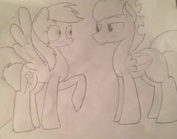 Size: 720x568 | Tagged: artist needed, source needed, safe, rainbow dash, soarin', pegasus, pony, female, male, mare, ship:soarindash, shipping, sketch, stallion, straight, traditional art