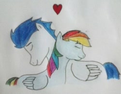 Size: 570x444 | Tagged: artist needed, source needed, safe, rainbow dash, soarin', pegasus, pony, female, male, mare, ship:soarindash, shipping, stallion, straight, traditional art