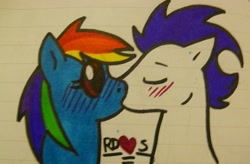 Size: 441x290 | Tagged: artist needed, source needed, safe, rainbow dash, soarin', pegasus, pony, female, kiss on the lips, kissing, male, mare, ship:soarindash, shipping, stallion, straight, traditional art