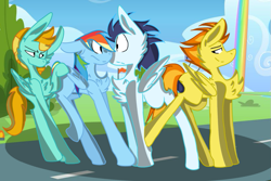 Size: 811x542 | Tagged: artist needed, source needed, safe, lightning dust, rainbow dash, soarin', spitfire, pegasus, pony, g4, female, long legs, male, mare, now kiss, outdoors, ship:soarindash, shipper on deck, shipping, stallion, straight