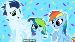 Size: 1246x701 | Tagged: oc name needed, source needed, safe, artist:toxictoric, rainbow dash, soarin', oc, pegasus, pony, g4, female, filly, foal, male, mare, offspring, parent:rainbow dash, parent:soarin', parents:soarindash, ship:soarindash, shipping, stallion, straight