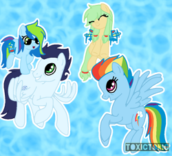 Size: 900x817 | Tagged: oc name needed, source needed, safe, artist:toxictoric, rainbow dash, soarin', oc, pegasus, pony, g4, female, filly, foal, male, mare, offspring, older, older rainbow dash, older soarindash, parent:rainbow dash, parent:soarin', parents:soarindash, ship:soarindash, shipping, stallion, straight