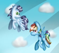 Size: 720x648 | Tagged: artist needed, source needed, safe, rainbow dash, soarin', pegasus, pony, g4, duo, duo male and female, female, flying, male, mare, outdoors, ship:soarindash, shipping, stallion, straight