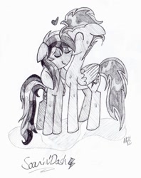 Size: 812x1024 | Tagged: artist needed, source needed, safe, rainbow dash, soarin', pegasus, pony, g4, duo, duo male and female, female, hug, male, mare, ship:soarindash, shipping, sketch, stallion, straight, traditional art