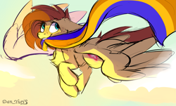 Size: 3071x1858 | Tagged: safe, artist:yuris, oc, oc:yuris, pegasus, pony, cloud, flag, flying, sketch, sky, smiling, solo, sunset, ukraine