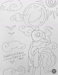 Size: 1290x1666 | Tagged: safe, pinkie pie, earth pony, pony, balloon, bubblegum, floating, food, gum, sky, then watch her balloons lift her up to the sky, traditional art