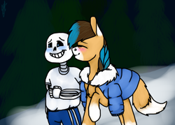 Size: 3500x2500 | Tagged: oc name needed, safe, artist:dorry, oc, earth pony, fox, fox pony, hybrid, blushing, bone, clothes, coat markings, crossover, earth pony oc, eyes closed, facial markings, female, female oc, fox tail, jacket, kissing, male, mare oc, old art, outdoors, raised hoof, sans (undertale), shirt, skeleton, snow, t-shirt, tail, trade, undertale