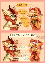 Size: 2046x2855 | Tagged: safe, artist:polnocnykot, applejack, autumn blaze, earth pony, kirin, pony, g4, 2 panel comic, apple, awwtumn blaze, christmas, christmas stocking, clothes, coal, comic, cute, dialogue, duo, duo female, ear fluff, eating, emanata, eyes closed, female, food, freckles, happy, happy new year, hat, holiday, hooves, horn, icicle, merry christmas, nom, open mouth, open smile, present, raised hoof, santa hat, scarf, shocked, shoulder fluff, shoulder freckles, smiling, sock, speech bubble, sweat, sweatdrop, talking, text, unshorn fetlocks, winter, winter outfit