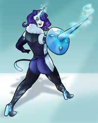 Size: 3200x4000 | Tagged: safe, artist:cheddarbreader, rarity, unicorn, anthro, plantigrade anthro, ambiguous facial structure, bodysuit, boots, clothes, commission, female, glowing, glowing horn, hair over one eye, horn, magic, shield, shoes, solo, sword, weapon