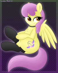 Size: 2988x3728 | Tagged: safe, artist:rainbowšpekgs, parasol, pegasus, pony, g4, background pony, bedroom eyes, chest fluff, choker, clothes, cute, dressing, female, mare, sitting, socks, solo, spread wings, wings