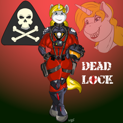 Size: 900x900 | Tagged: safe, artist:quicktron, oc, oc only, oc:dead lock, unicorn, anthro, unguligrade anthro, action force, anthro oc, clothes, female, flight suit, g.i. joe, hand on hip, helmet, horn, red shadows, roboskull pilot, sharp teeth, signature, smiling, solo, teeth