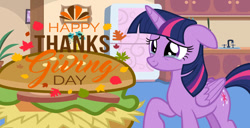 Size: 828x423 | Tagged: safe, editor:hyenari6296, twilight sparkle, alicorn, pony, g4, burger, crying, female, folded wings, food, hay burger, holiday, kitchen, kitchen sink, mare, raised hoof, refrigerator, tears of joy, thanksgiving, twilight burgkle, twilight sparkle (alicorn), wings