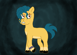 Size: 1581x1132 | Tagged: safe, artist:shucku, hitch trailblazer, g5, acne, alternate hairstyle, colt, emo, eyebrow piercing, foal, hoof polish, male, piercing, simple background, solo, spiked wristband, teenager, wristband, younger