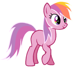 Size: 616x556 | Tagged: source needed, safe, artist:durpy, artist:milliethemylittleponyfan2002, rainbow flash, earth pony, pony, g3, g4, adult blank flank, base used, blank flank, closed mouth, cute, evolution of rainbow dash, female, flashabetes, g3 to g4, generation leap, mare, raised hoof, simple background, smiling, solo, white background