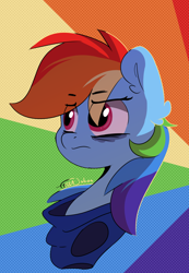 Size: 900x1300 | Tagged: safe, artist:fakkajohan, rainbow dash, pegasus, pony, g4, bags under eyes, bust, clothes, female, pensive, signature, solo, tired, uniform, wonderbolts uniform