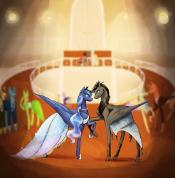 Size: 1620x1646 | Tagged: safe, artist:starshine74, king sombra, princess luna, oc, alicorn, pony, g4, alicorn oc, canon x oc, duo focus, horn, indoors, large wings, long legs, parent:king sombra, slender, tall, thin, thin legs, wings