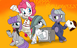 Size: 2048x1280 | Tagged: safe, artist:a.s.e, boulder (g4), limestone pie, marble pie, maud pie, pinkie pie, earth pony, pony, undead, vampire, g4, clothes, costume, dracula, female, gradient background, halloween, halloween (movie), halloween costume, happy halloween, it, mare, michael myers, pennywise, pie sisters, siblings, sisters, the ring, tv set