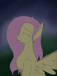 Size: 1200x1600 | Tagged: safe, artist:jazzystarlover, fluttershy, pegasus, pony, g4, chest fluff, eyes closed, female, mare, outdoors, rain, smiling, solo, spread wings, wet, wet mane, wings