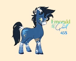 Size: 1440x1158 | Tagged: safe, artist:nightprince-art, oc, oc only, oc:emerald quill, pony, twinkle eyed pony, unicorn, coat markings, facial markings, glasses, glasses chain, horn, leg band, male, mealy mouth (coat marking), simple background, socks (coat markings), solo, stallion, yellow background