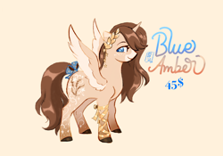 Size: 2048x1430 | Tagged: safe, artist:nightprince-art, oc, oc only, oc:blue amber, alicorn, pony, twinkle eyed pony, bow, colored wings, colored wingtips, facial markings, female, freckles, laurel wreath, mare, mealy mouth (coat marking), name, simple background, smiling, solo, spread wings, tail, tail bow, wings, yellow background