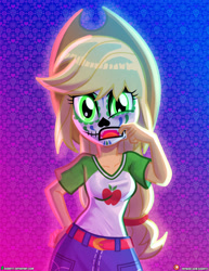 Size: 1500x1942 | Tagged: safe, artist:dieart77, applejack, human, equestria girls, g4, clothes, cowboy hat, dia de los muertos, fake fangs, glowing, glowing eyes, gradient background, hand on hip, hat, looking at you, patterned background, shirt, solo