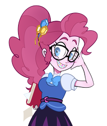 Size: 2398x2815 | Tagged: safe, artist:aysjee, pinkie pie, equestria girls, g4, alternate hairstyle, blouse, braces, clothes, female, glasses, grin, ponytail, simple background, skirt, smiling, solo, transparent background